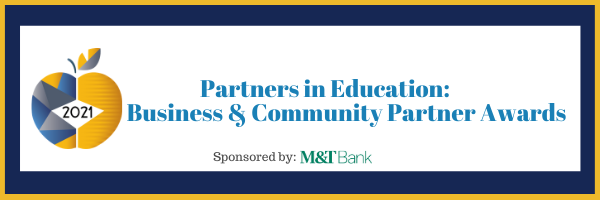 2021 Business&Community Partner of the Year, sponsored by M&T Bank. Blue and Gold Apple logo 2021 Business&Community Partner of the Year, sponsored by M&T Bank. Blue and Gold Apple logo